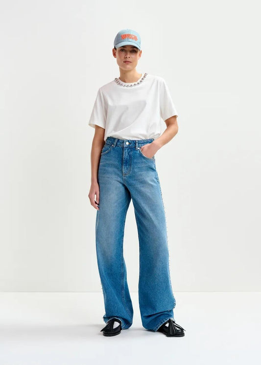 Jeans a gamba dritta blu con decorazioni di perle e borchie INTERESTING001 ESSENTIEL