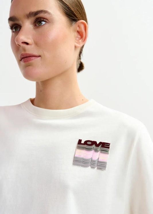 T-shirt in cotone color avorio e multicolore con ricamo di paillettes IMASTER007 ESSENTIEL