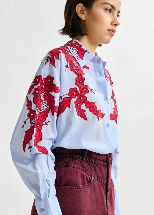 Camicia di cotone blu e bordeaux ricamata con applicazioni di strass INGLEWOOD022 ESSENTIEL
