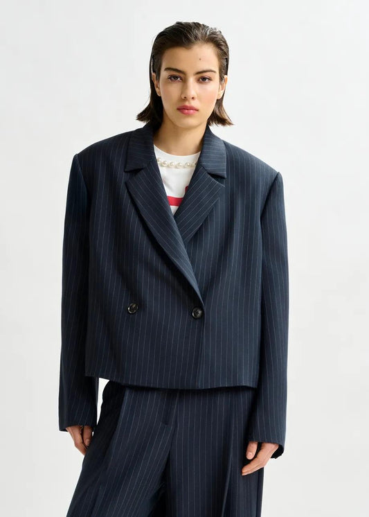 Blazer gessato corto blu navy e bianco ITZEL004 ESSENTIEL