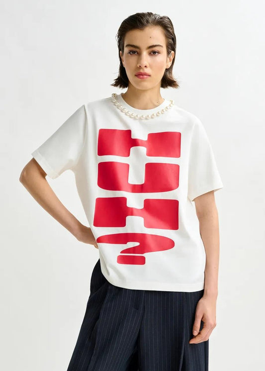 T-shirt in cotone rossa e bianca con stampa "HUH?" e decorazioni di perline ISOS005 ESSENTIEL
