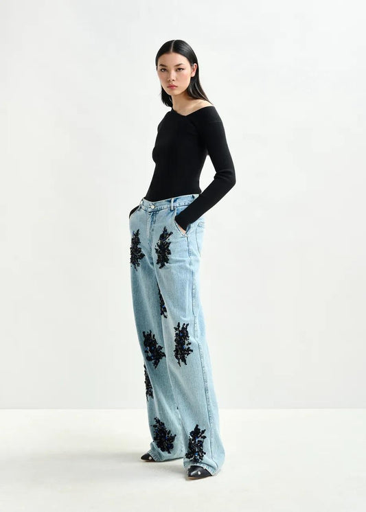 Jeans a gamba larga decorati blu e nero ICIE001 ESSENTIEL