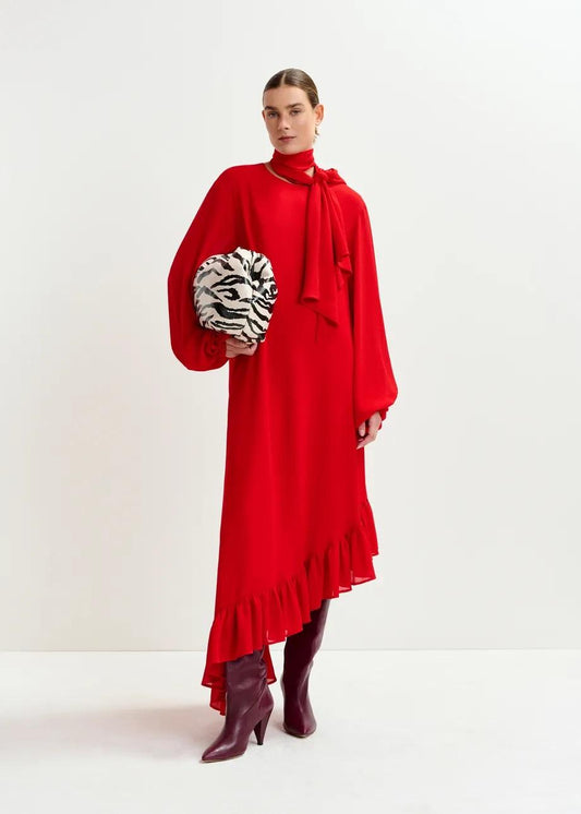 Abito lungo con orlo asimmetrico a balze e fiocco a cravattino IFLOWER010 ESSENTIEL