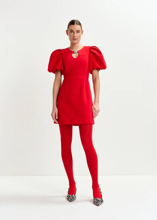 Mini abito rosso con maniche voluminose e gioiello decorativo IWALK010 ESSENTIEL