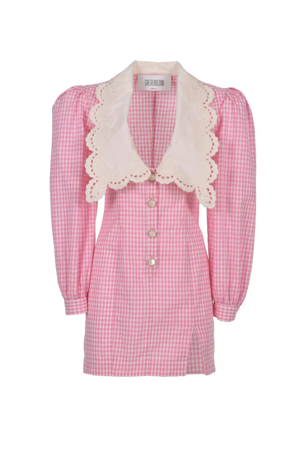 Abito corto in vichy rosa con maxi colletto in pizzo 