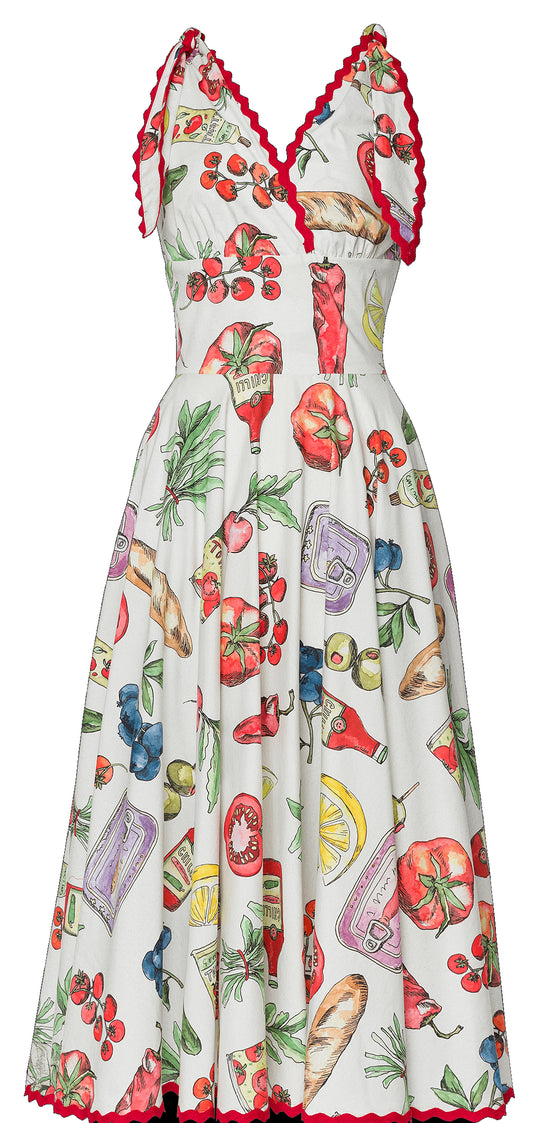 abito midi  stampa all-over a tema culinario 