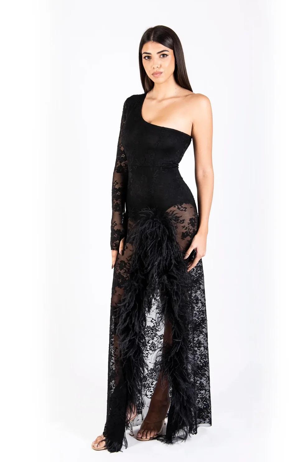 Abito lungo monospalla in pizzo con piume RL90000 DISTRICT MARGHERITA MAZZEI