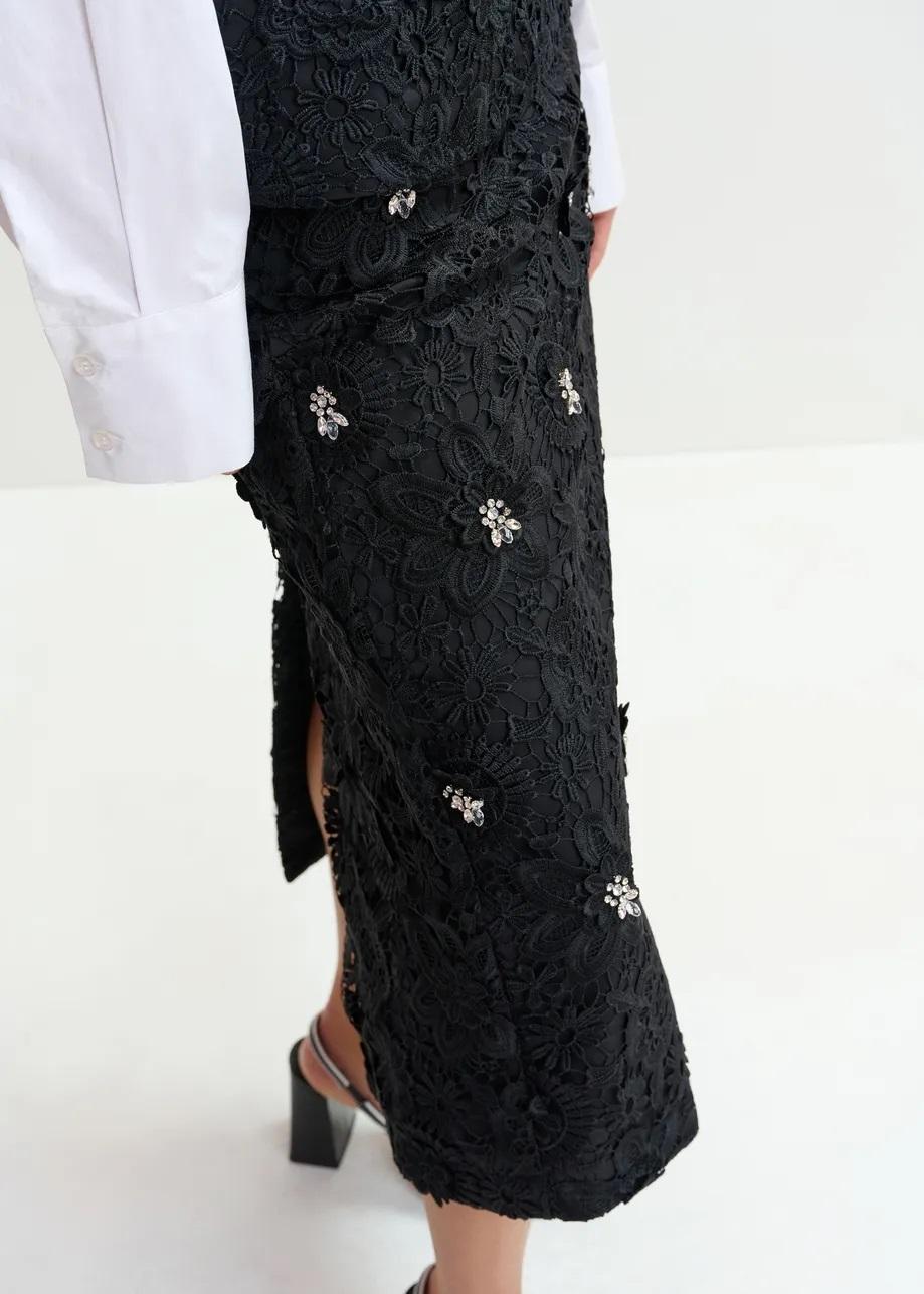 gonna a tubino in pizzo floreale nero con decorazioni in strass JOURGET LACE000 ESSENTIEL