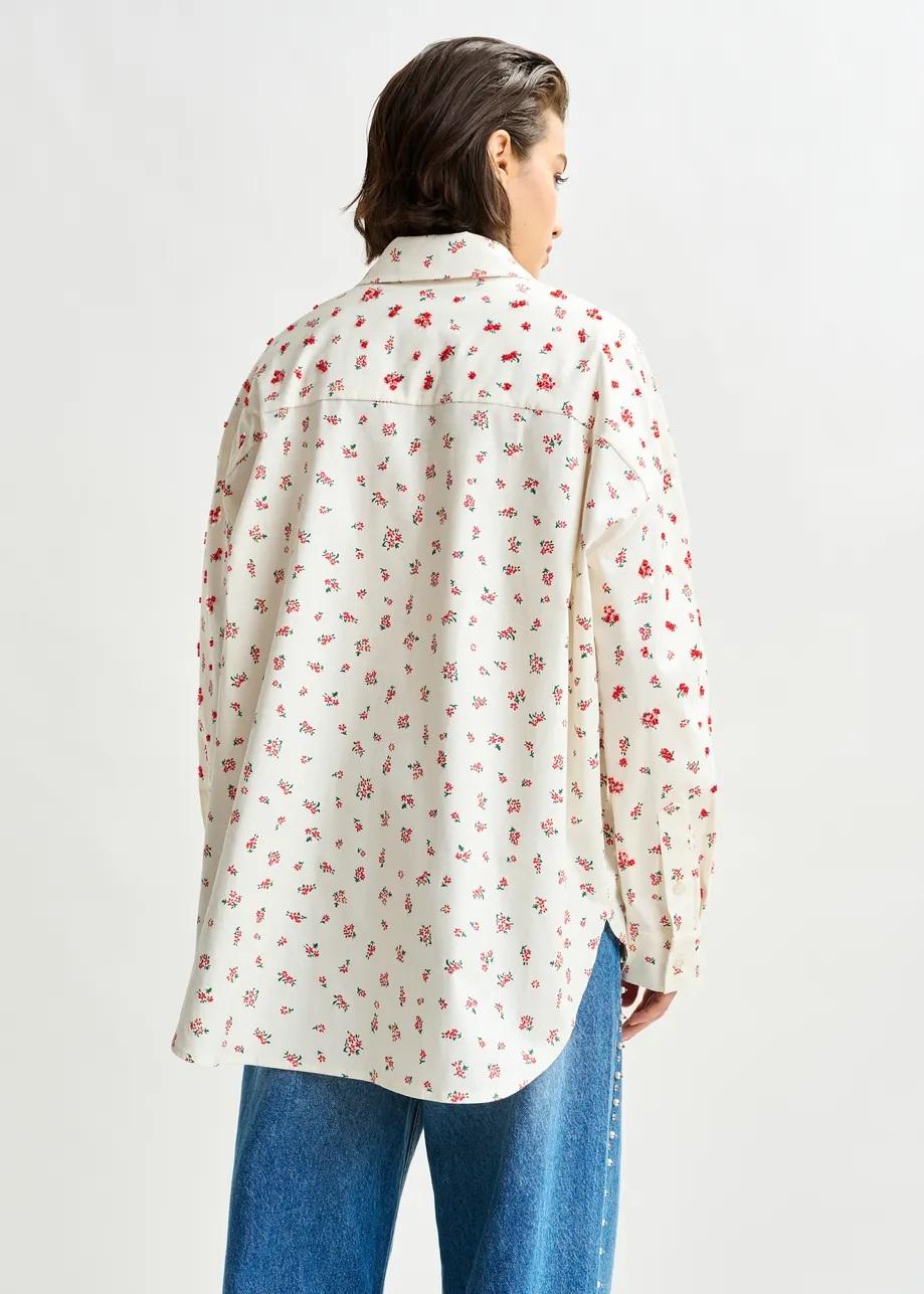 Camicia in misto cotone con stampa floreale nei toni del bianco sporco, rosso e verde ILILLY005 ESSENTIEL