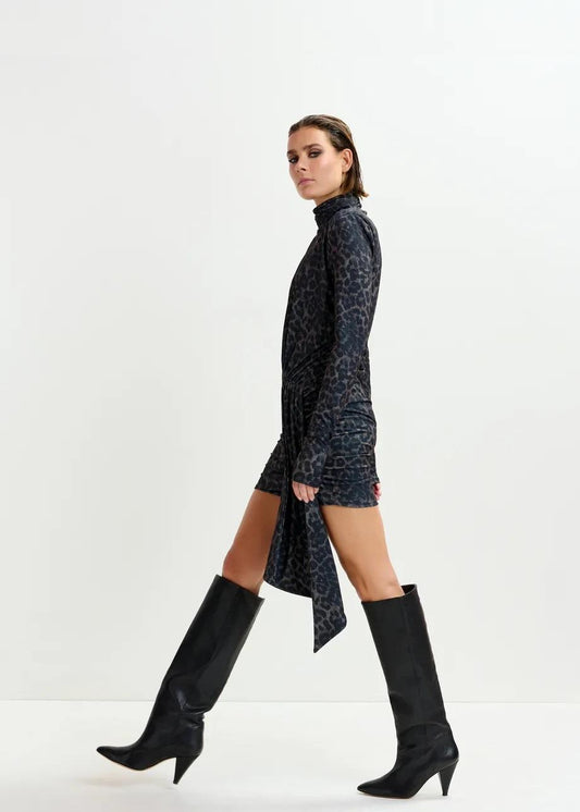 Miniabito marrone e nero drappeggiato con stampa leopardata e dettagli con ruches IMORTEL000 ESSENTIEL