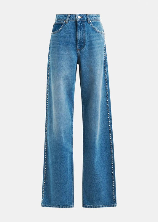 Jeans a gamba dritta blu con decorazioni di perle e borchie INTERESTING001 ESSENTIEL