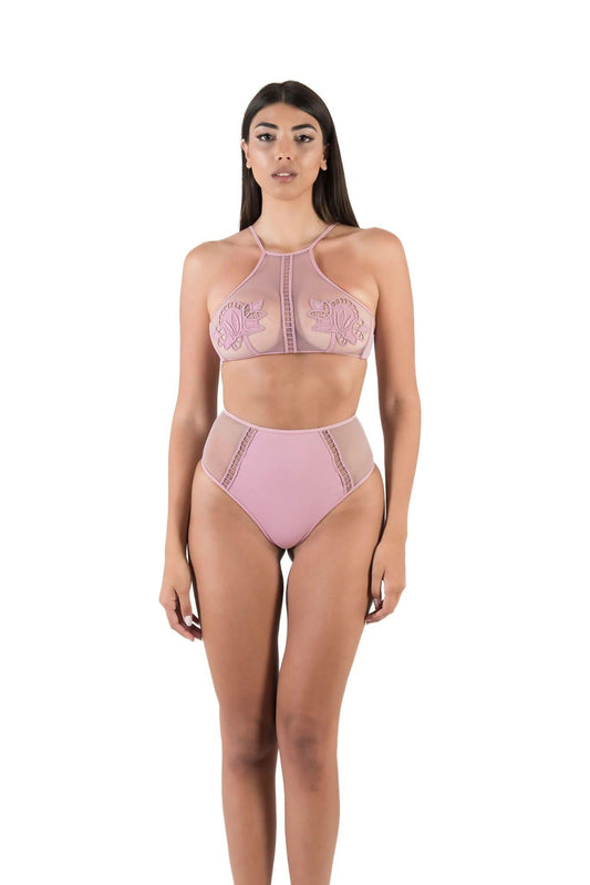 bikini brassiere con tulle e coulotte laccetti in lycra 