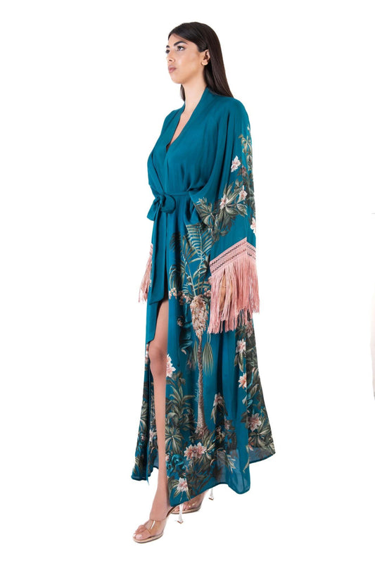 Kimono lungo fantasia in viscosa con frangia 