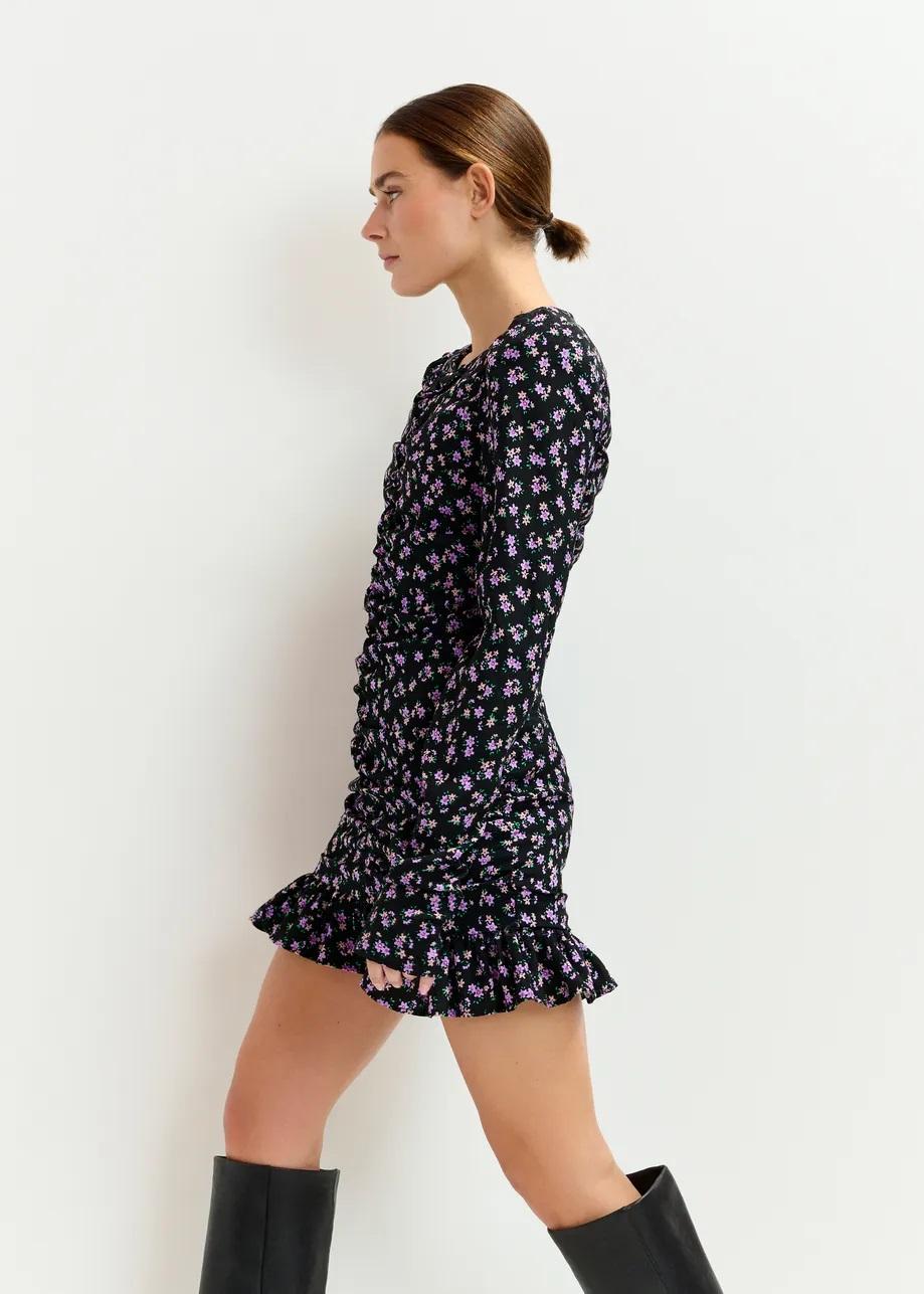 Mini abito stampato nero, viola e verde con increspature IMKE000 ESSENTIEL