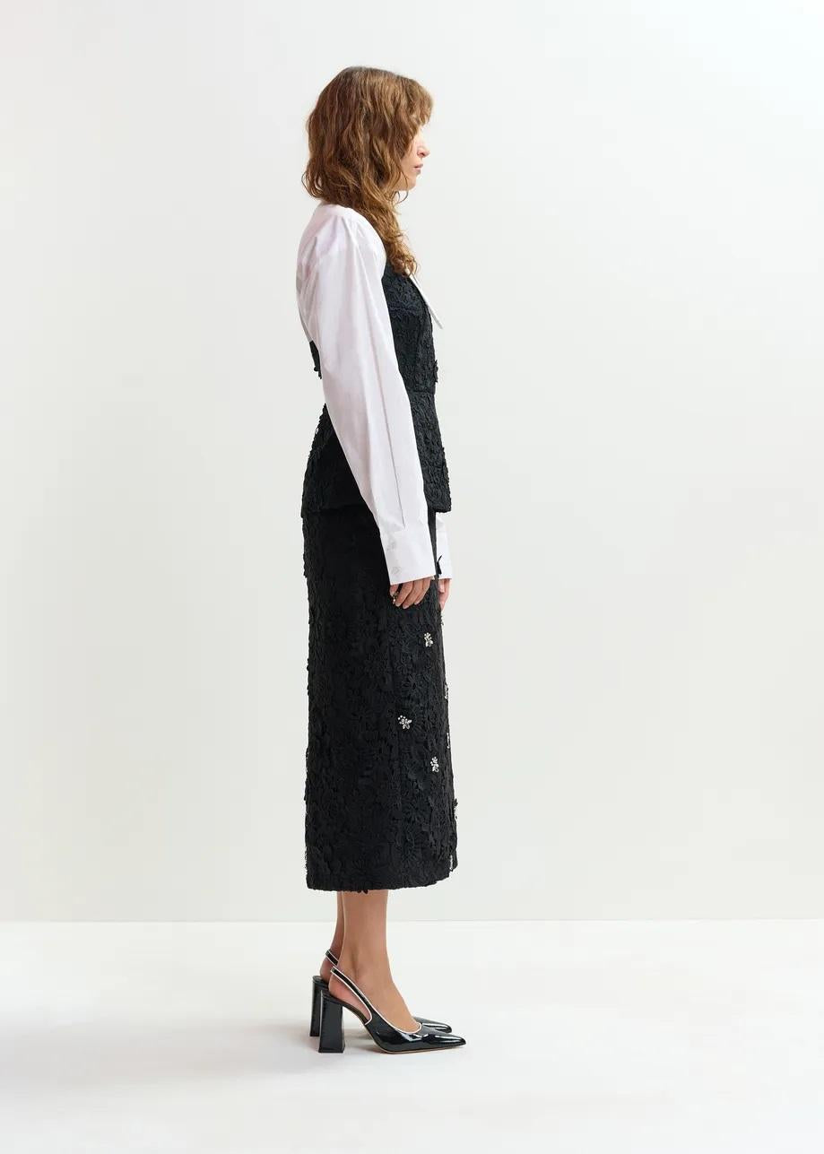 gonna a tubino in pizzo floreale nero con decorazioni in strass JOURGET LACE000 ESSENTIEL