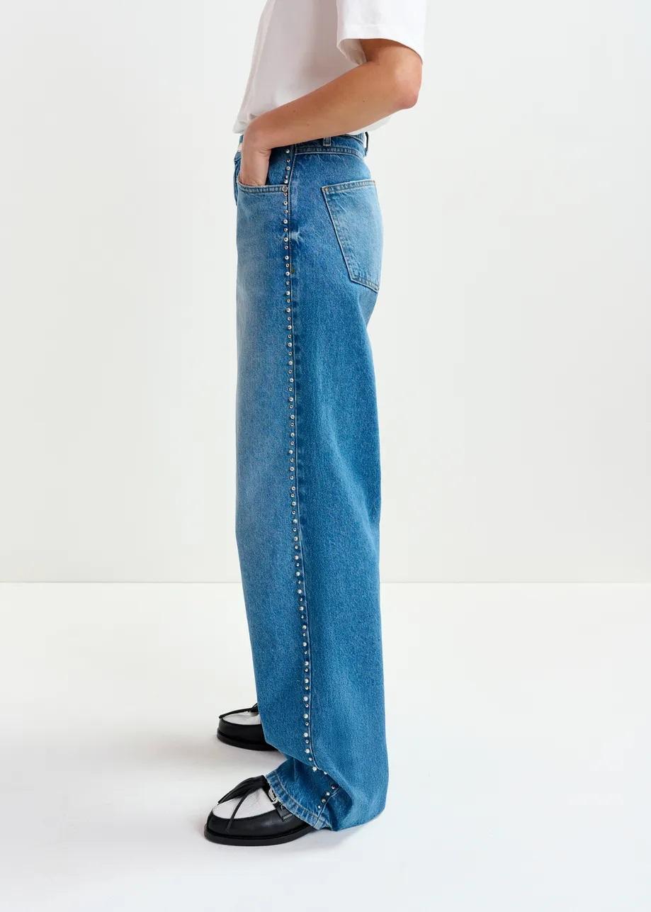 Jeans a gamba dritta blu con decorazioni di perle e borchie INTERESTING001 ESSENTIEL