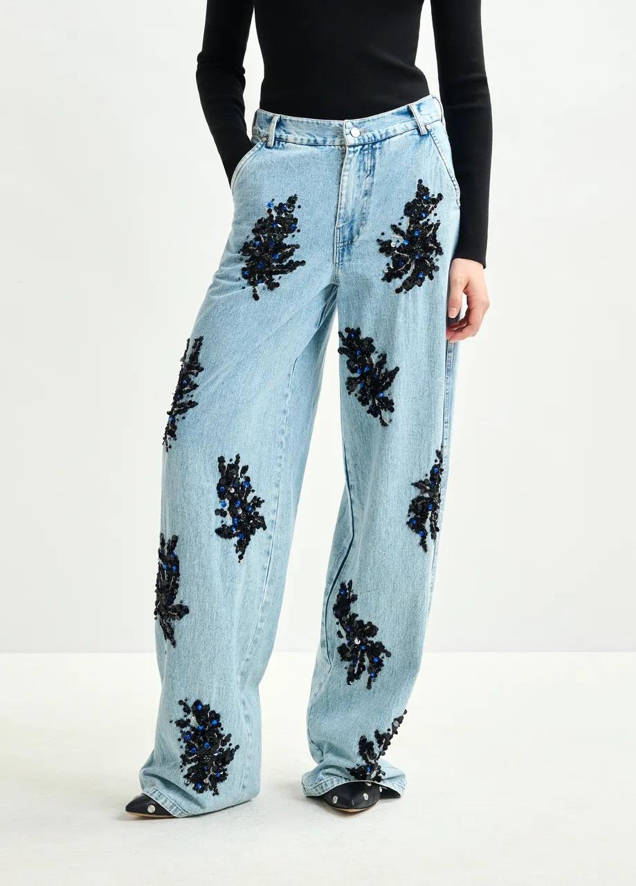Jeans a gamba larga decorati blu e nero ICIE001 ESSENTIEL