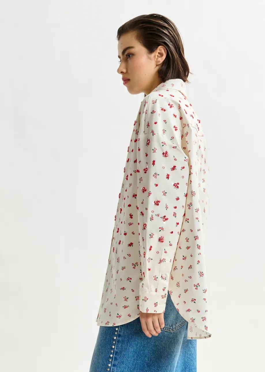 Camicia in misto cotone con stampa floreale nei toni del bianco sporco, rosso e verde ILILLY005 ESSENTIEL