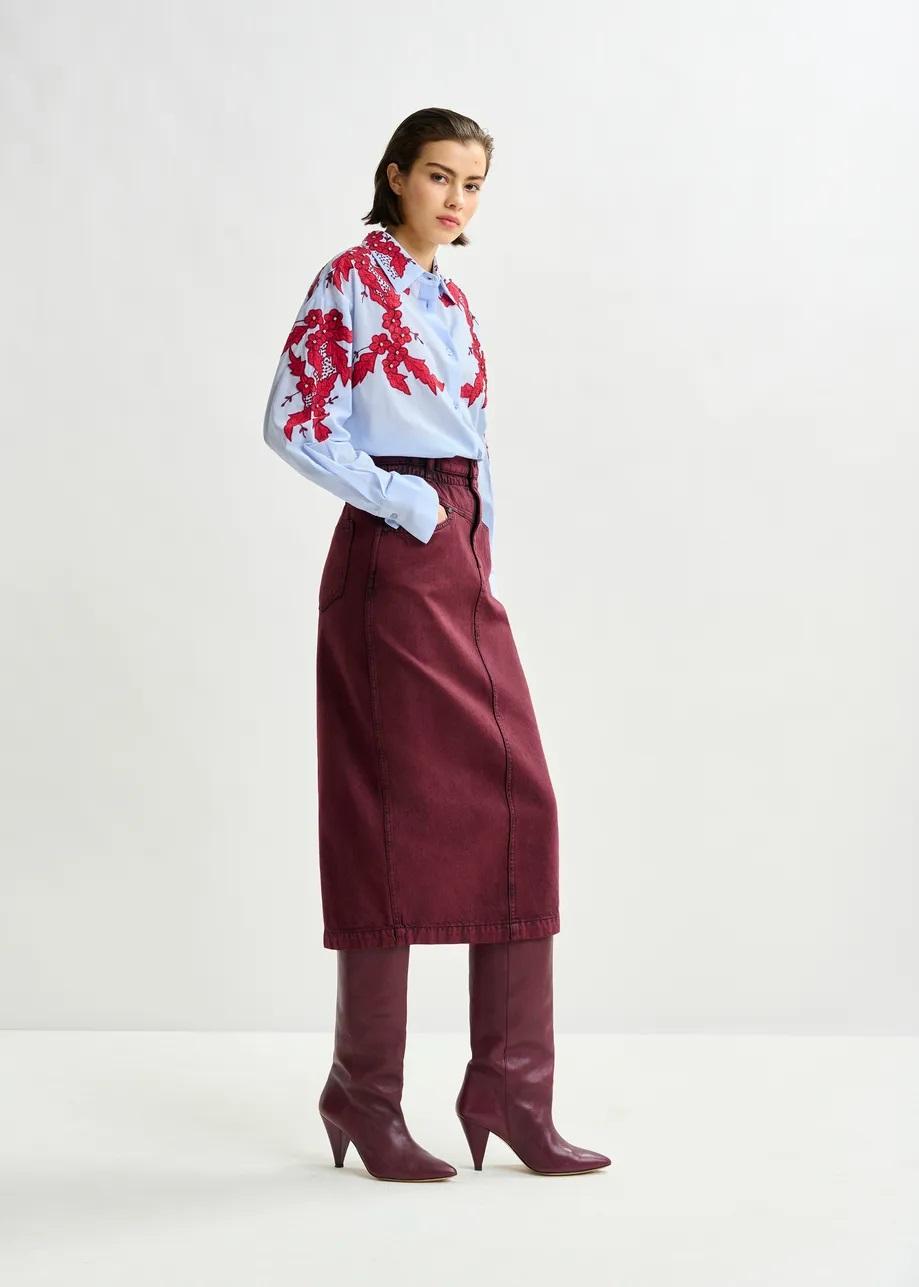 Camicia di cotone blu e bordeaux ricamata con applicazioni di strass INGLEWOOD022 ESSENTIEL