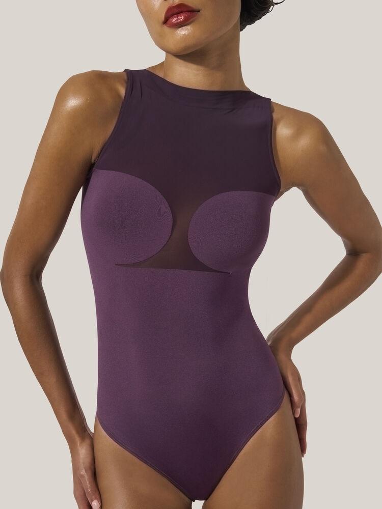 body smanicato stile corsetto con pannelli trasparenti 