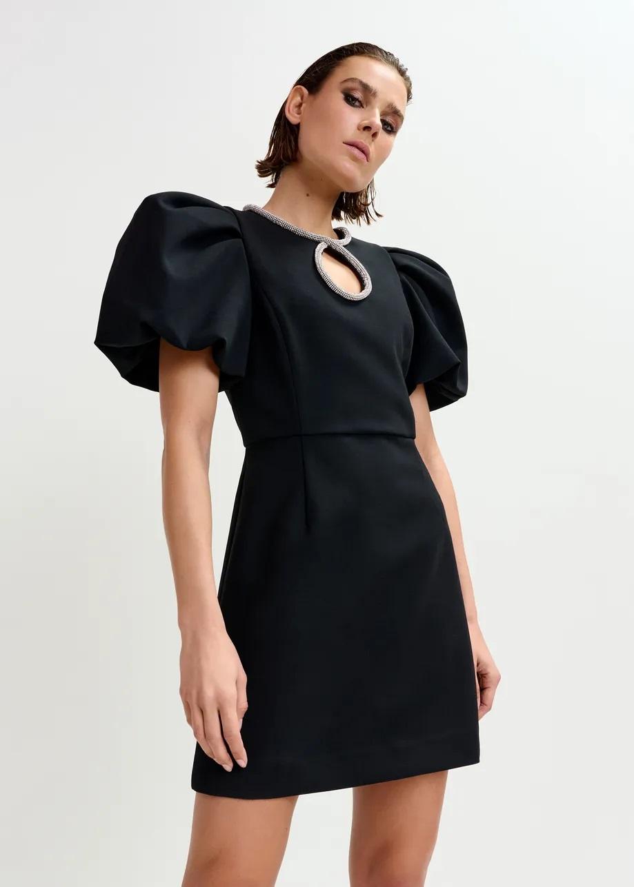 Mini abito nero con maniche a sbuffo e scollo a goccia impreziosito da strass IJINGLE000 ESSENTIEL