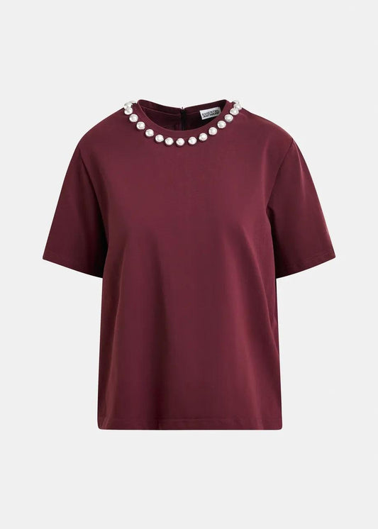 T-shirt in cotone bordeaux e argento con decorazioni metallizzate tipo perla INTENSO002 ESSENTIEL
