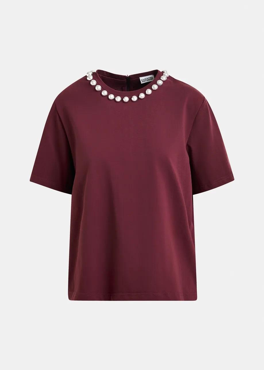 T-shirt in cotone bordeaux e argento con decorazioni metallizzate tipo perla INTENSO002 ESSENTIEL
