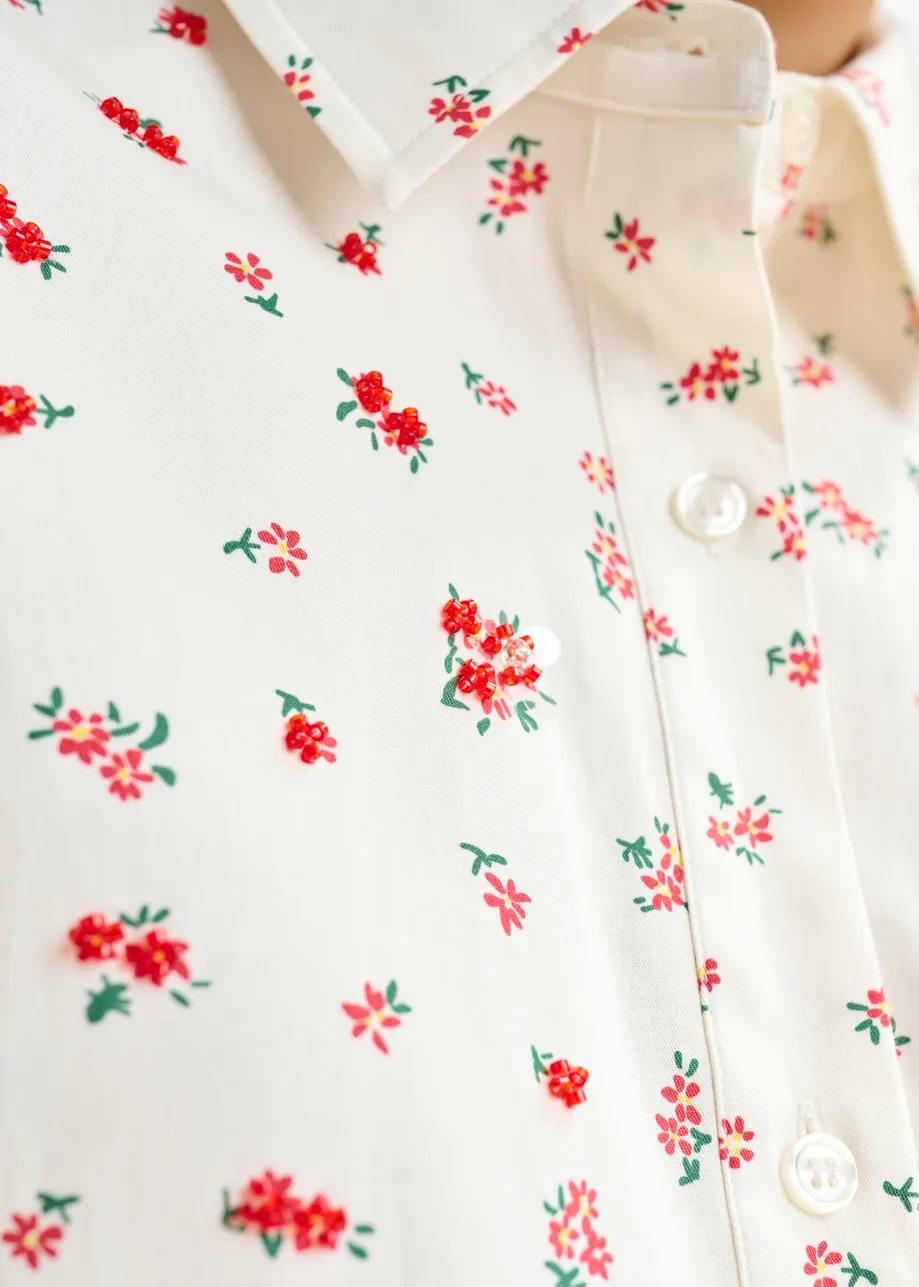 Camicia in misto cotone con stampa floreale nei toni del bianco sporco, rosso e verde ILILLY005 ESSENTIEL