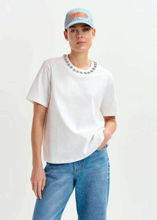 T-shirt in cotone bianco sporco e argento con decorazioni metallizzate tipo perla INTENSO005 ESSENTIEL