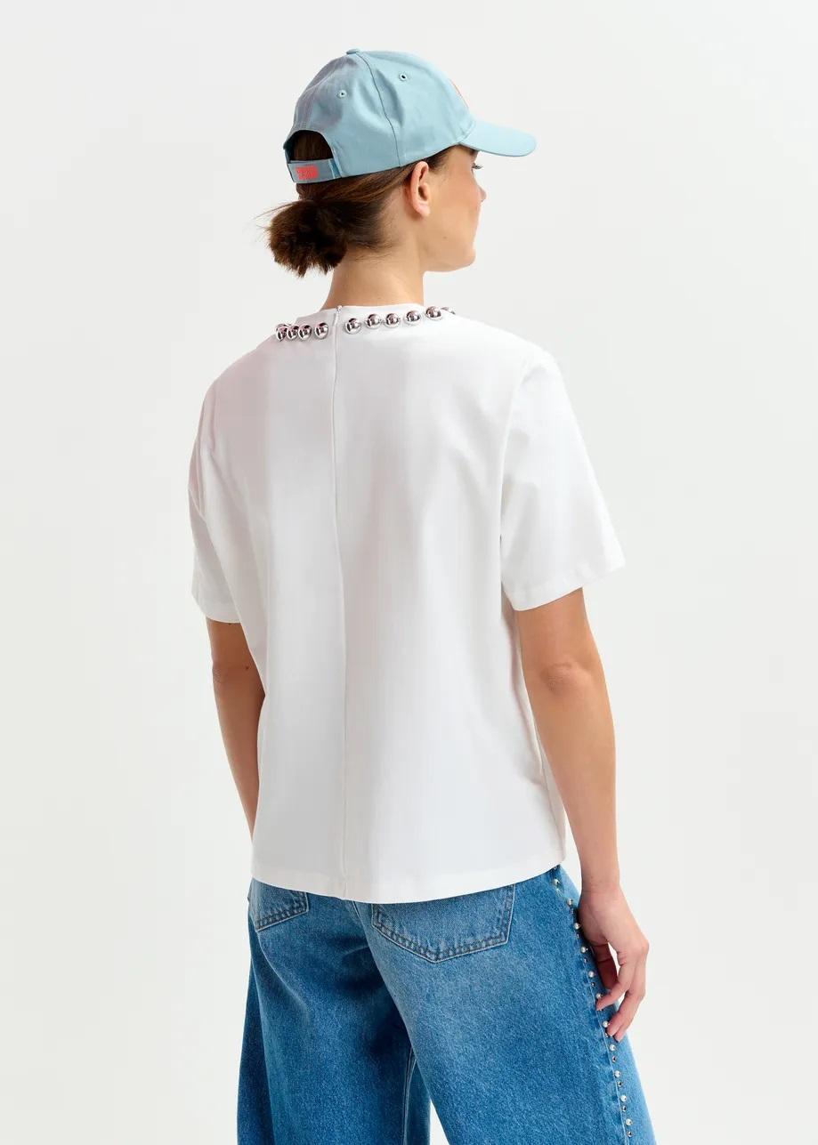 T-shirt in cotone bianco sporco e argento con decorazioni metallizzate tipo perla INTENSO005 ESSENTIEL