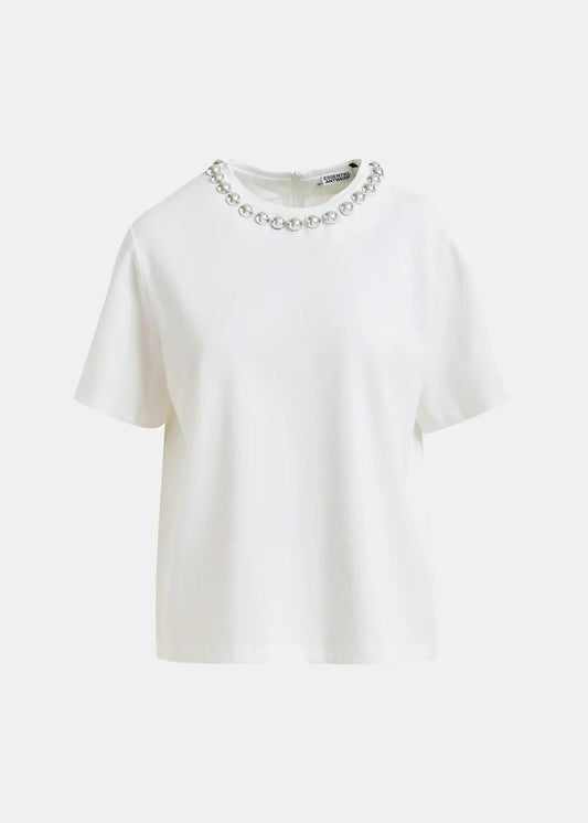 T-shirt in cotone bianco sporco e argento con decorazioni metallizzate tipo perla INTENSO005 ESSENTIEL