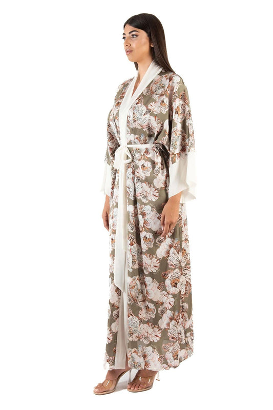 Kimono lungo fantasia con bordi a contrasto 