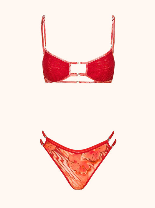 Top in tessuto operato e slip in lycra 
