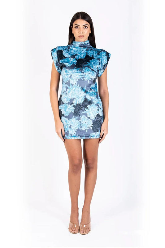 abito corto in broccato floreale blu WSV67047 DISTRICT MARGHERITA MAZZEI