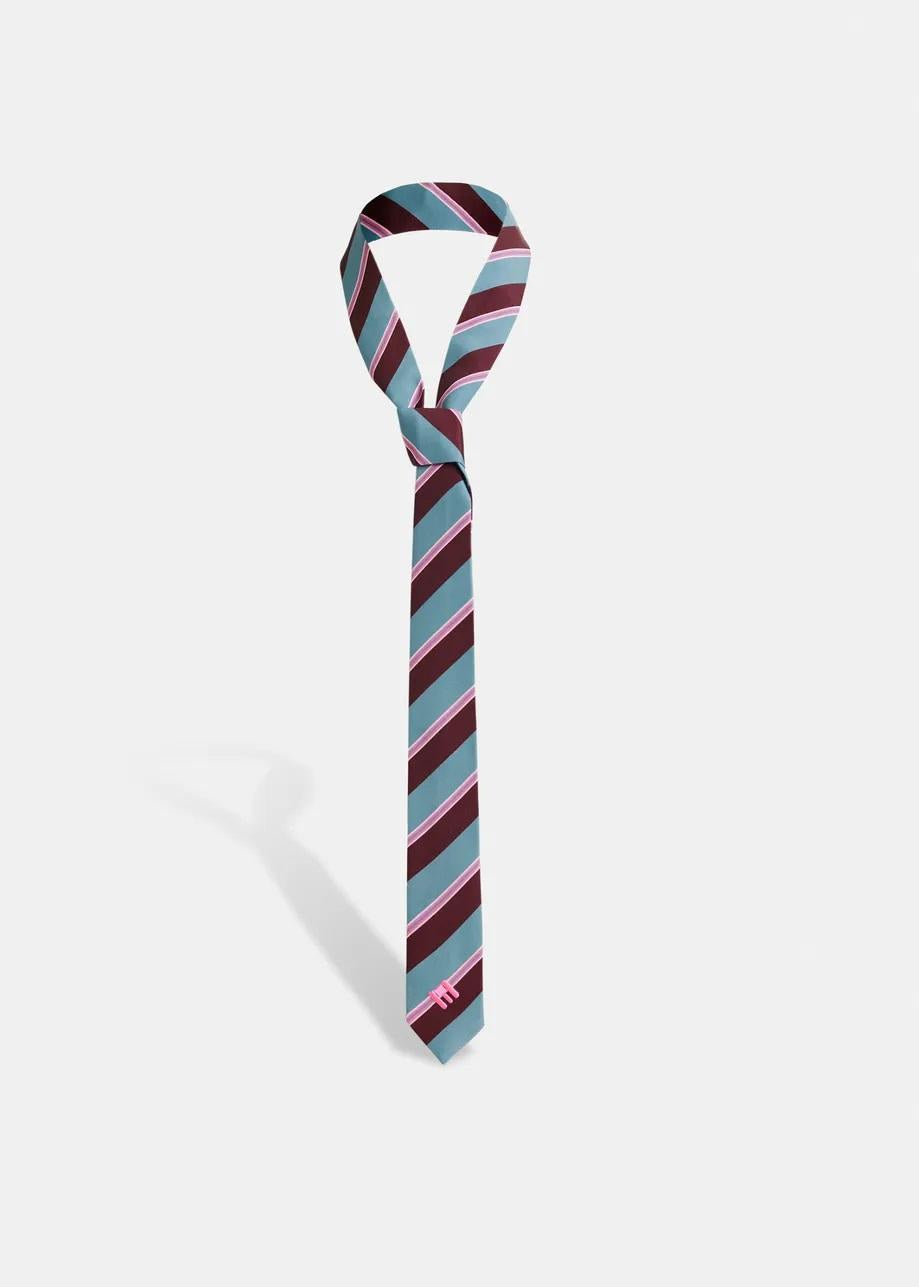 Cravatta a righe blu, bordeaux e rosa con logo "E". IGOSSIP002 ESSENTIEL