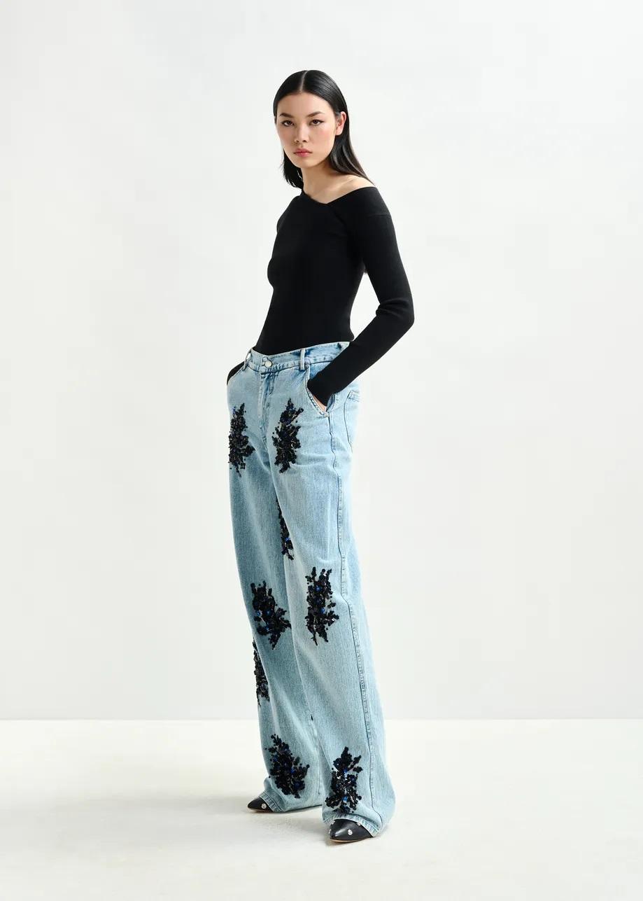 Jeans a gamba larga decorati blu e nero ICIE001 ESSENTIEL