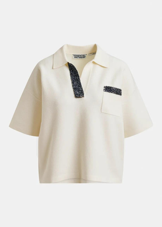 Top a polo bianco sporco e grigio con decorazioni di paillettes e perline INTERNATIONNAL005 ESSENTIEL
