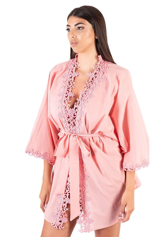 kimono corto con macramè  rosa 