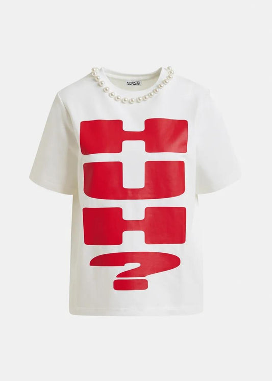 T-shirt in cotone rossa e bianca con stampa "HUH?" e decorazioni di perline ISOS005 ESSENTIEL