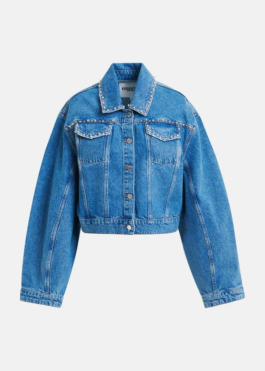 Giacca in denim corta blu con applicazioni di perle e borchie IDOLIZED001 ESSENTIEL