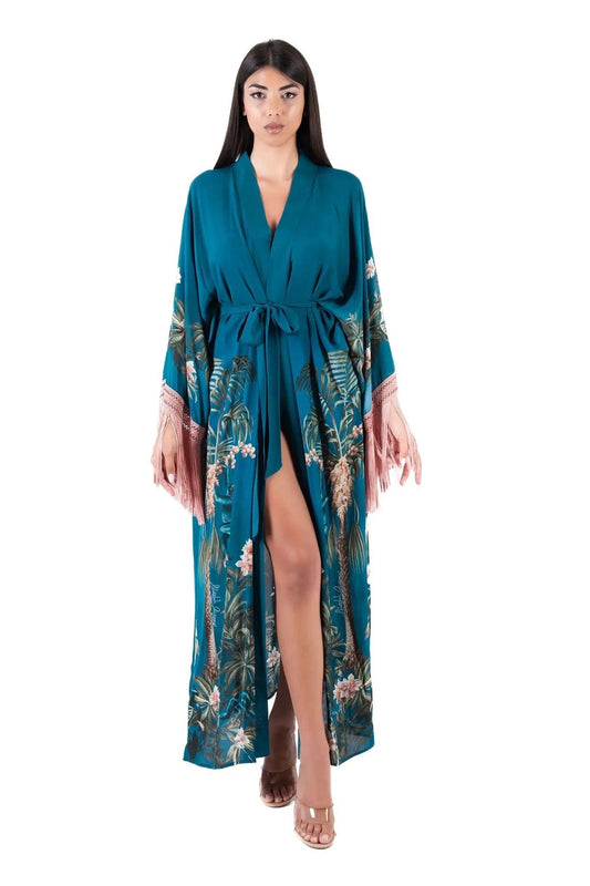 Kimono lungo fantasia in viscosa con frangia 