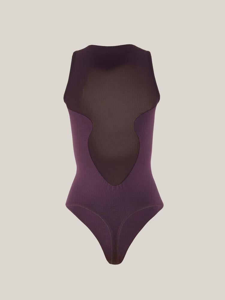 body smanicato stile corsetto con pannelli trasparenti 