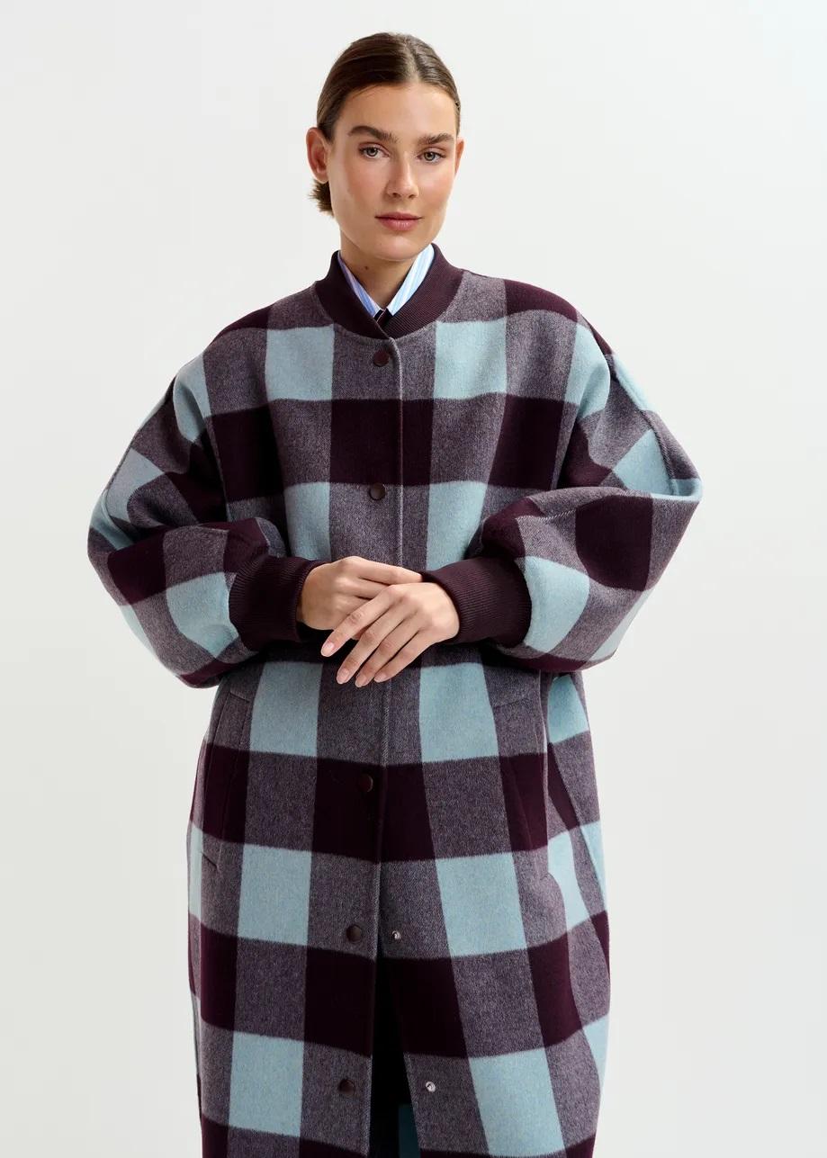 Cappotto a quadri in lana bordeaux intenso e blu. IFIT003 ESSENTIEL