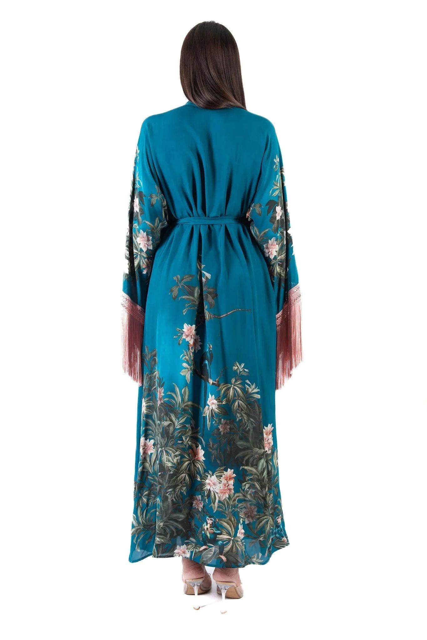 Kimono lungo fantasia in viscosa con frangia 