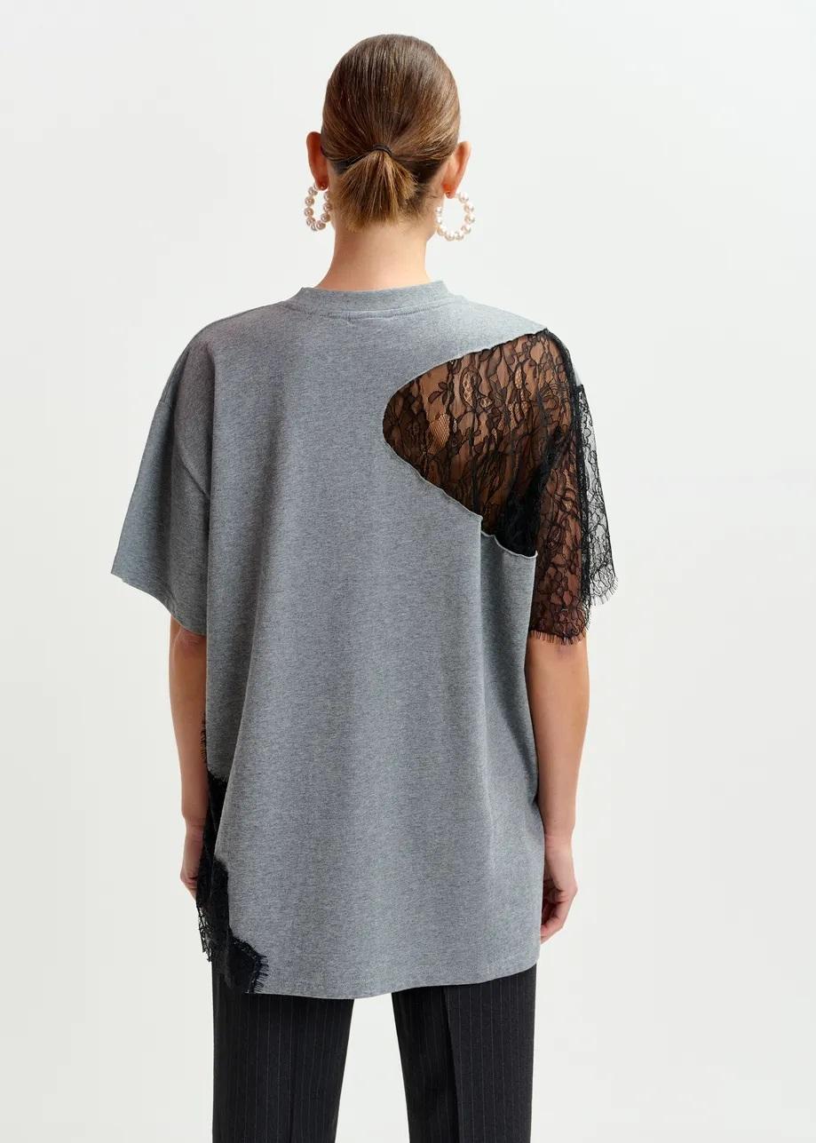 T-shirt grafica in cotone grigia e nero con dettagli in pizzo IBABY004 ESSENTIEL