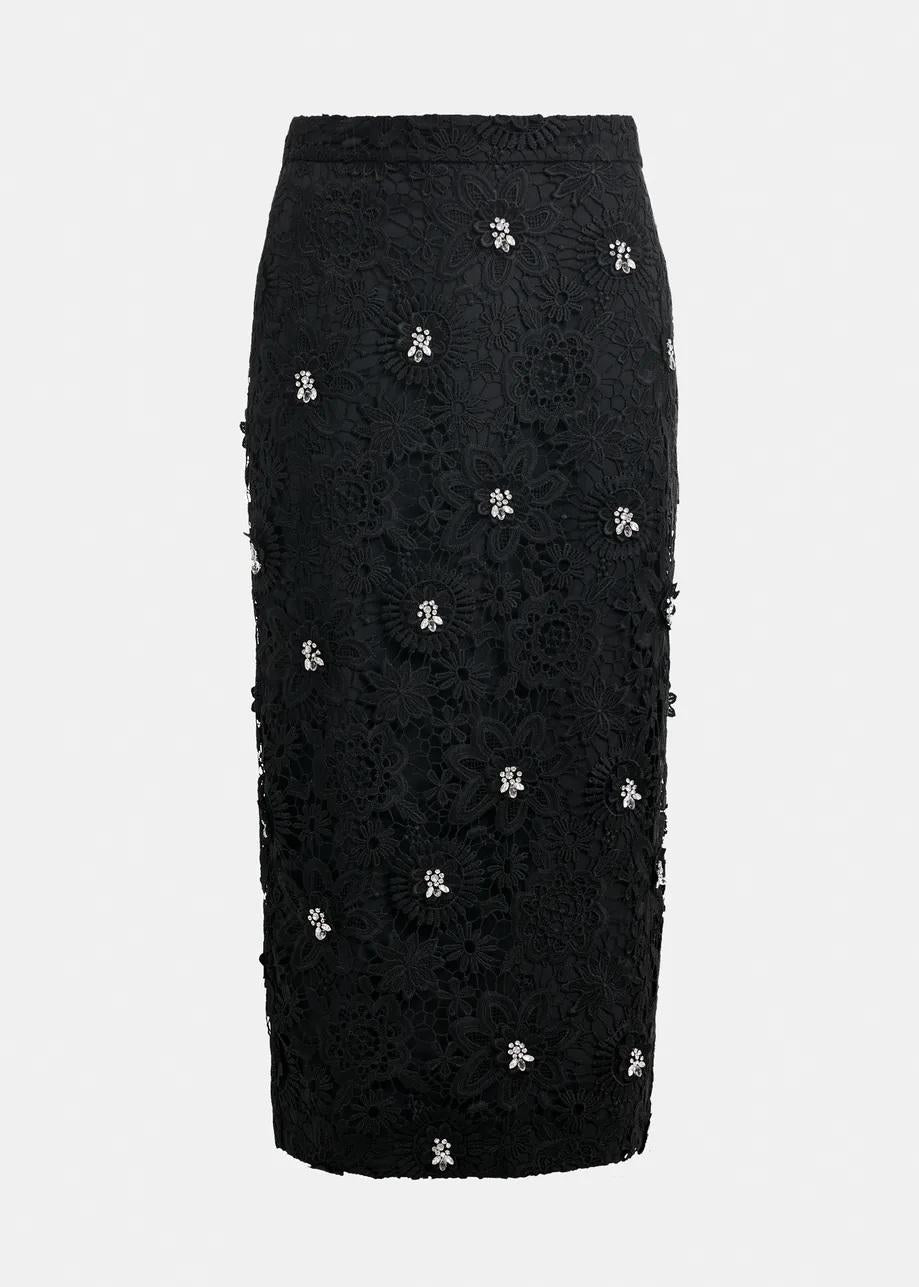 gonna a tubino in pizzo floreale nero con decorazioni in strass JOURGET LACE000 ESSENTIEL