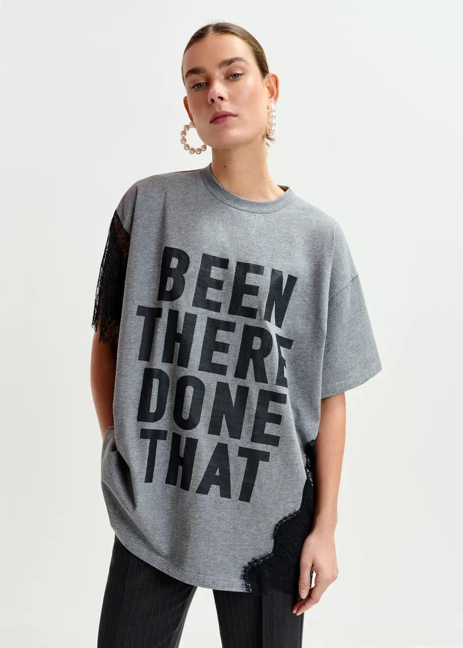 T-shirt grafica in cotone grigia e nero con dettagli in pizzo IBABY004 ESSENTIEL