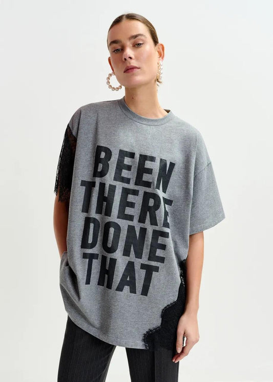 T-shirt grafica in cotone grigia e nero con dettagli in pizzo IBABY004 ESSENTIEL