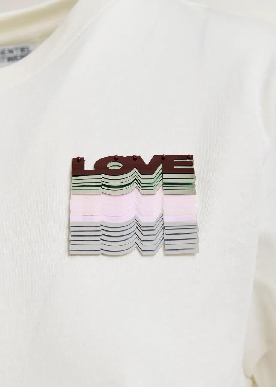 T-shirt in cotone color avorio e multicolore con ricamo di paillettes IMASTER007 ESSENTIEL