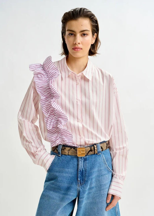 Camicia in cotone bianco sporco e rosso a righe con dettaglio a balze IBODY011 ESSENTIEL